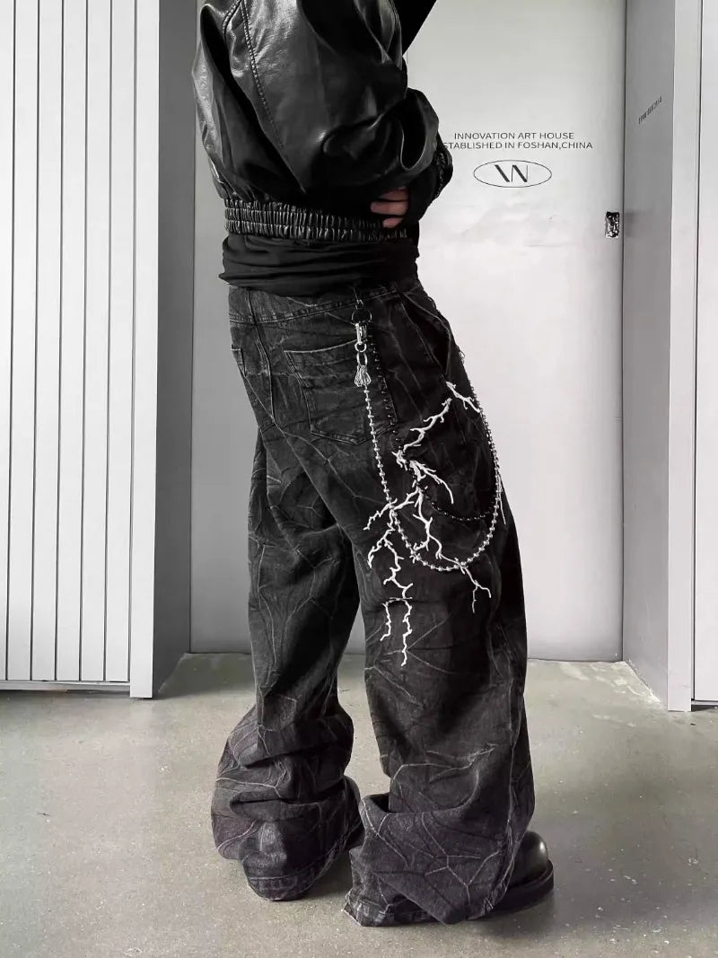 Y2K High Street Lightning Embroidered Baggy Jeans Men and Women Retro Hip Hop Loose Casual High Waist Straight Wide Leg Jeans