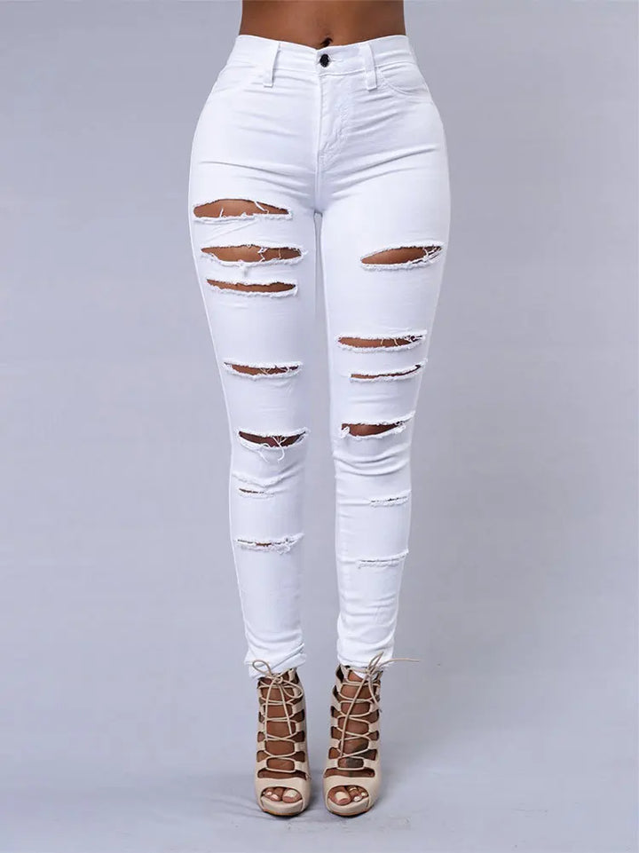 New Spring Summer Elastic Trousers Black and White Ripped Jeans