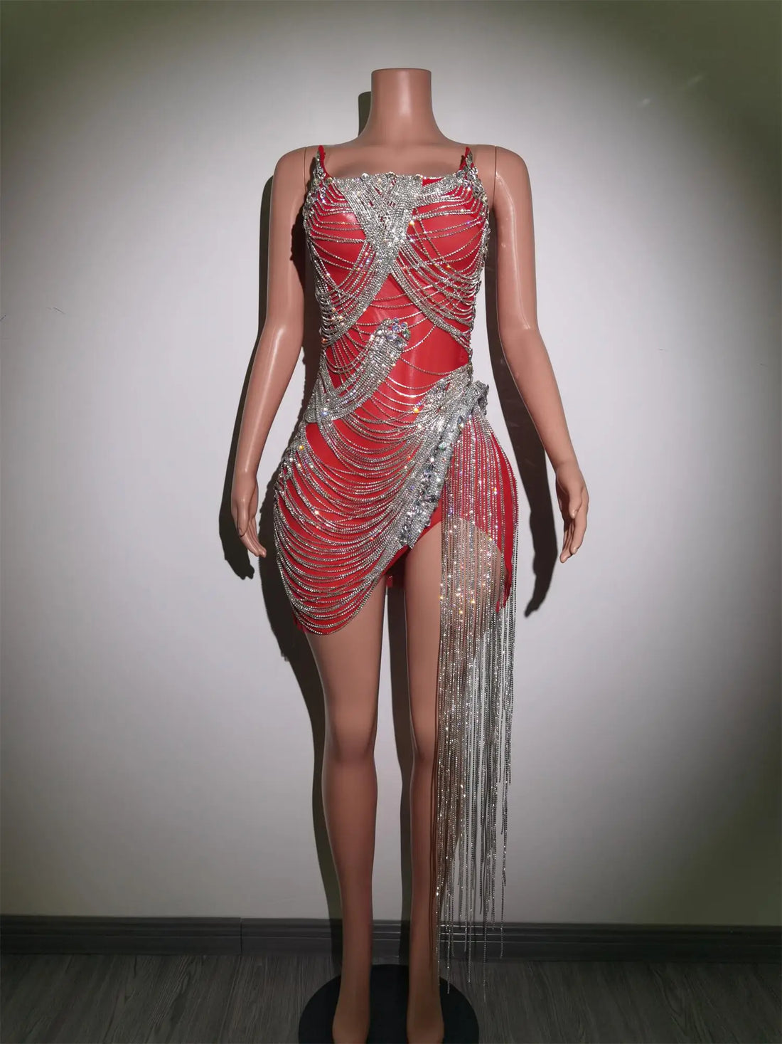 Rhinestones Crystals Fringes Dress Pink Party Costume Sexy Dancer Stage Outfits