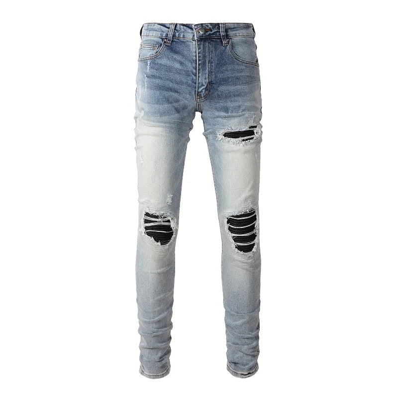 Men Leather Patches Denim Jeans Streetwear Holes Ripped High Stretch Pants Skinny