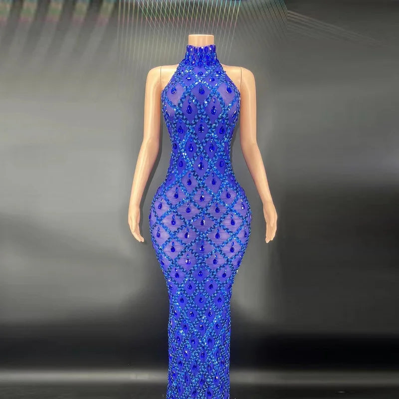 2025 Sparkly Silver Big Rhinestone Transparent Long Dress