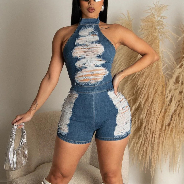 Europe and America, slim fit backless wash denim