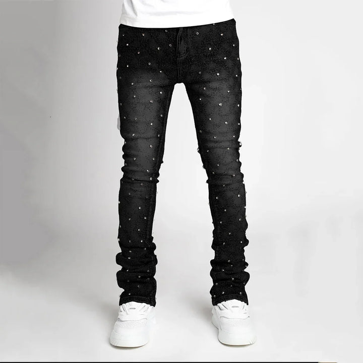 European and American Fashion Elastic Pearl Denim Layered Long Pants