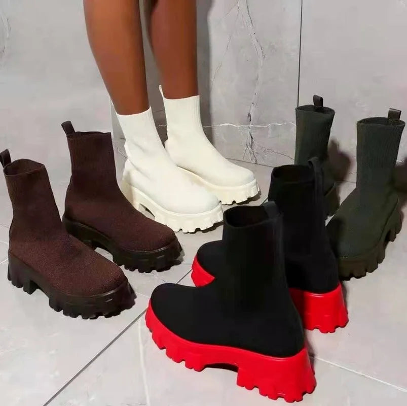 Women Thick-soled Casual fly woven mesh Knitted Short Boots female