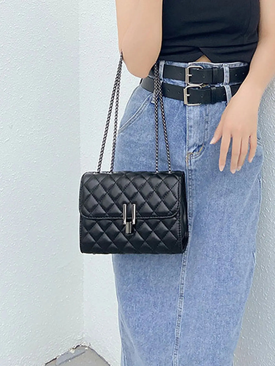 Fashion Lingge Square Women's Shoulder Bag, Quilted Detail Chain Bag, Full Bag Crossbody Bag, Flip Wallet