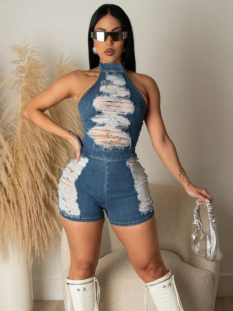 Europe and America, slim fit backless wash denim