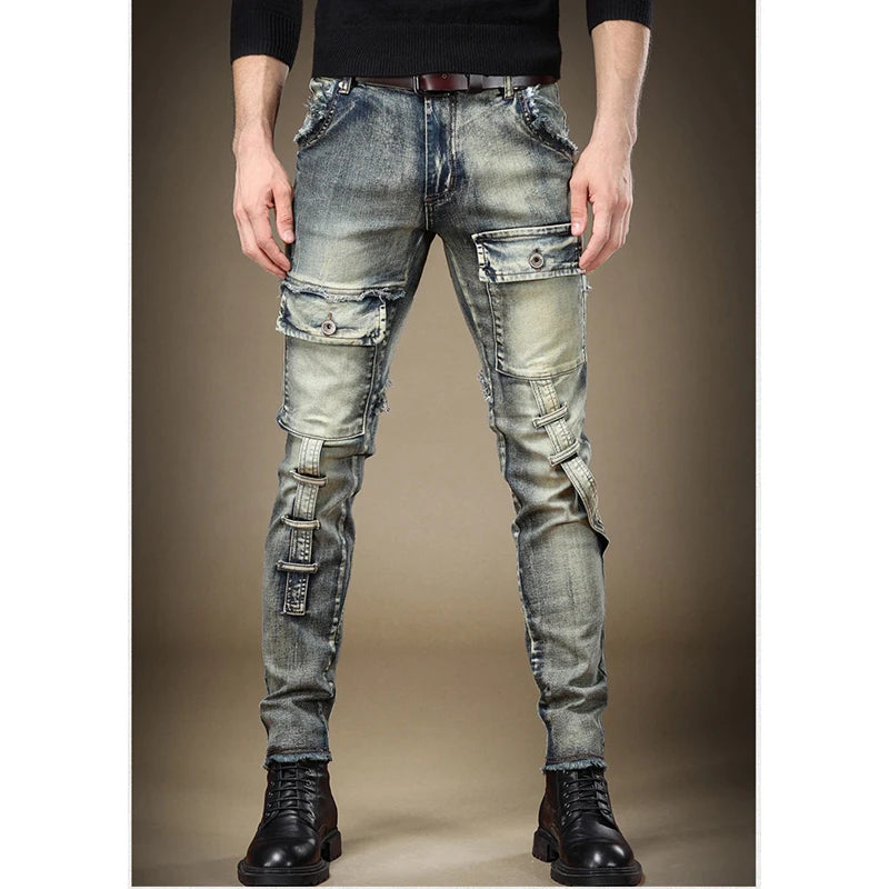 2025 Men's Jeans Stretch Vintage Washing Drak Blue Denim Pants Autumn Summer Luxury Street  Hip-Hop Style Slim Fit Men Trousers