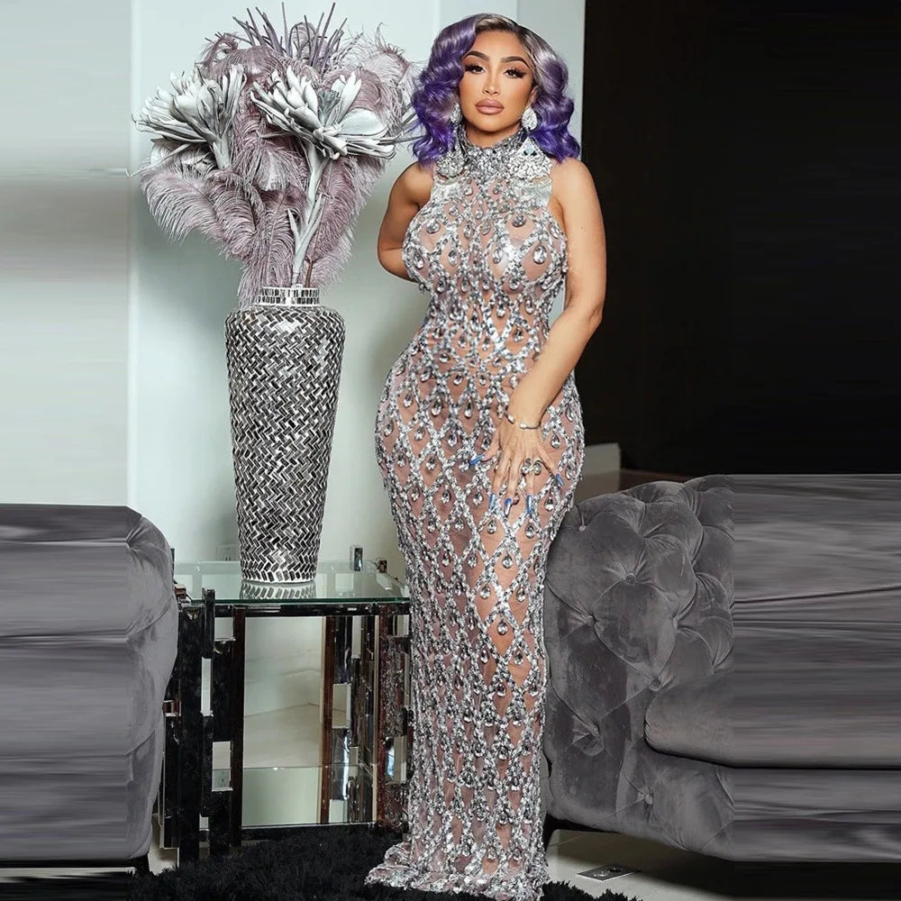 2025 Sparkly Silver Big Rhinestone Transparent Long Dress