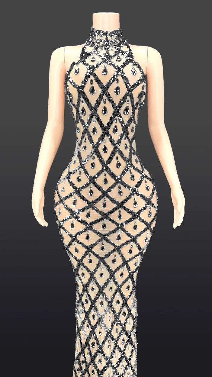 2025 Sparkly Silver Big Rhinestone Transparent Long Dress