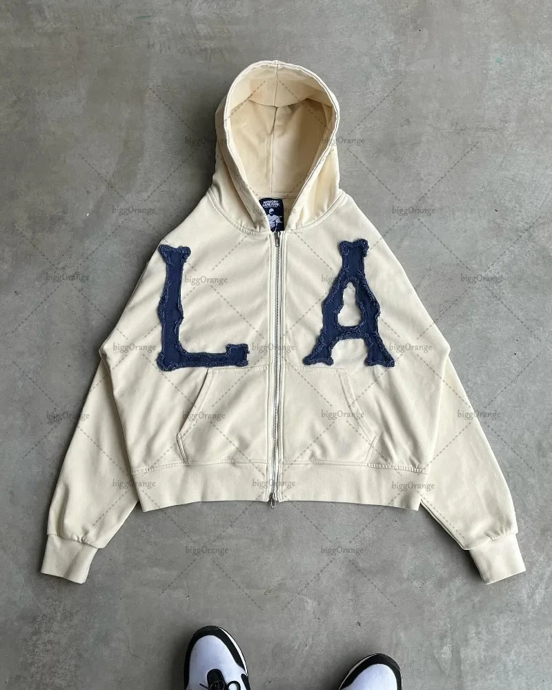 American Street Zipper Hoodie Men  Casual Jacket Embroidered Oversized Sweatshirt Men And Women