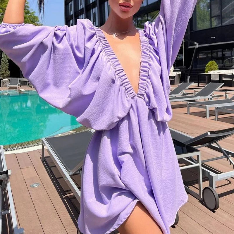 Dress Summer Casual Long Sleeve Ruffle Dress Ladies Fashion V Neck  A-line Party Dress Outfit