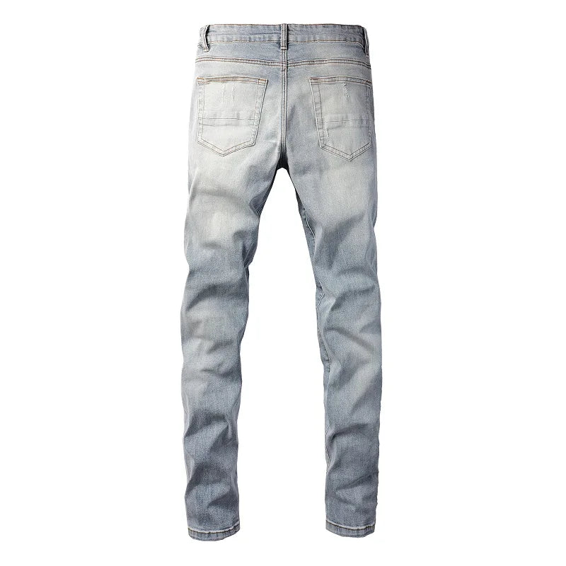 Men Leather Patches Denim Jeans Streetwear Holes Ripped High Stretch Pants Skinny