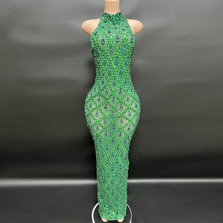 2025 Sparkly Silver Big Rhinestone Transparent Long Dress