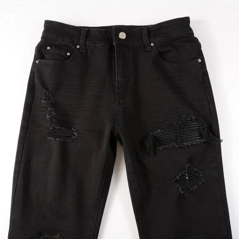 2025 New Style Street Fashion Brand Ripped Slim Fit Elastic Patchwork Men's Jeans