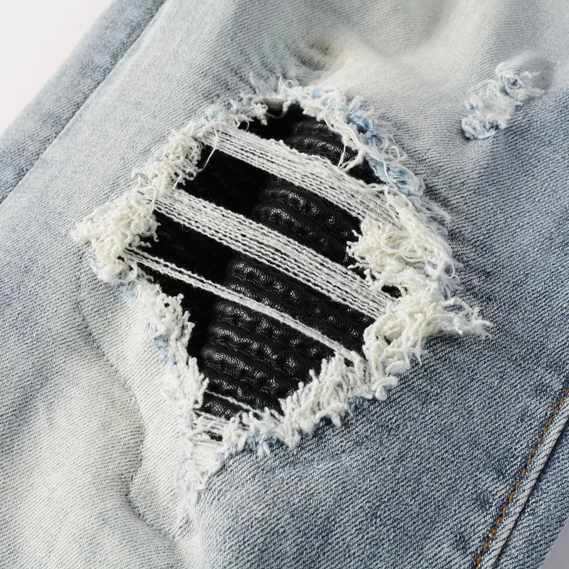 Men Leather Patches Denim Jeans Streetwear Holes Ripped High Stretch Pants Skinny