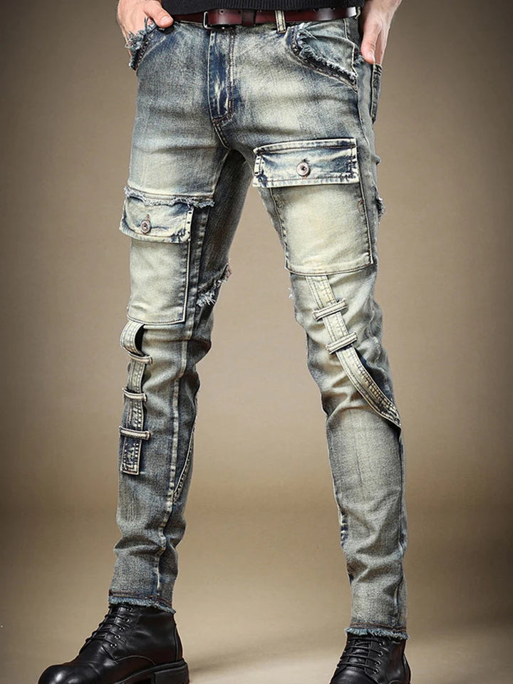 2025 Men's Jeans Stretch Vintage Washing Drak Blue Denim Pants Autumn Summer Luxury Street  Hip-Hop Style Slim Fit Men Trousers