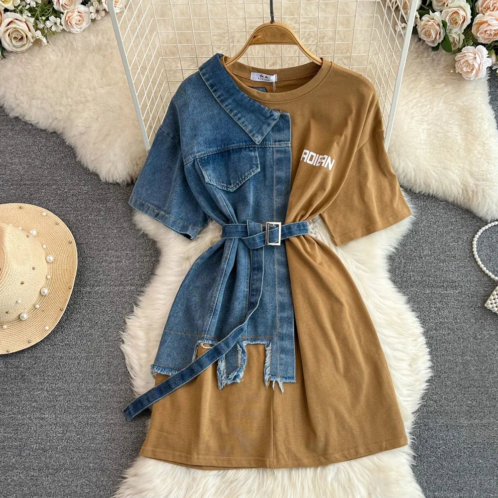 Sexy Short Sleeve O Neck Cowboy Patchwork Chic Denim Spliced