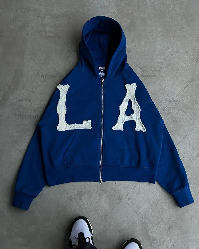 American Street Zipper Hoodie Men  Casual Jacket Embroidered Oversized Sweatshirt Men And Women