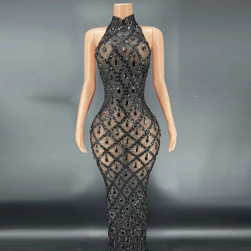 2025 Sparkly Silver Big Rhinestone Transparent Long Dress
