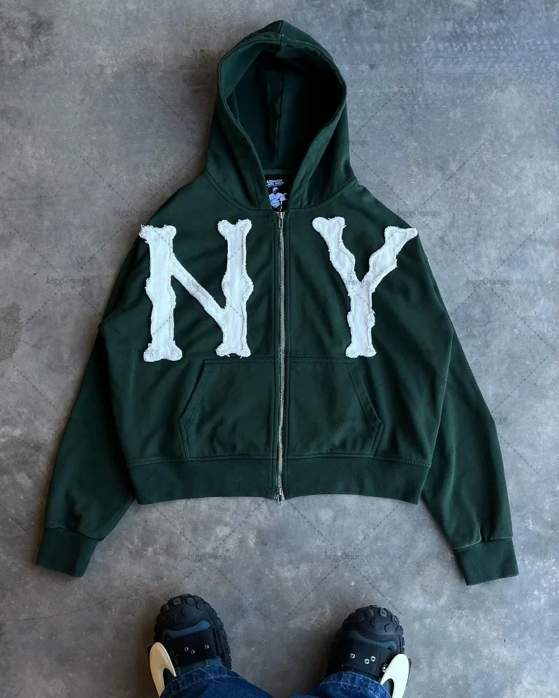American Street Zipper Hoodie Men  Casual Jacket Embroidered Oversized Sweatshirt Men And Women