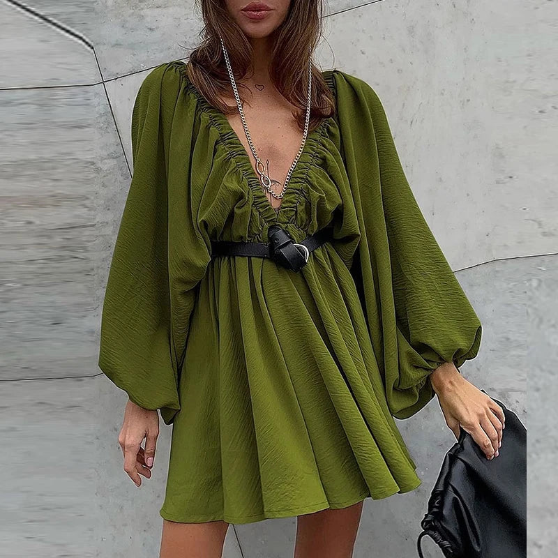Dress Summer Casual Long Sleeve Ruffle Dress Ladies Fashion V Neck  A-line Party Dress Outfit