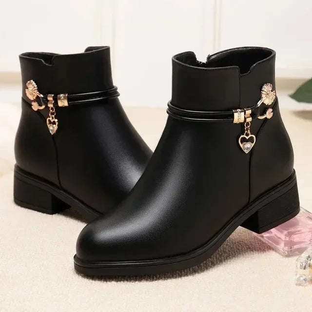 Fashion Black Mid heel Plush Snow Boots Soft Sole Short
