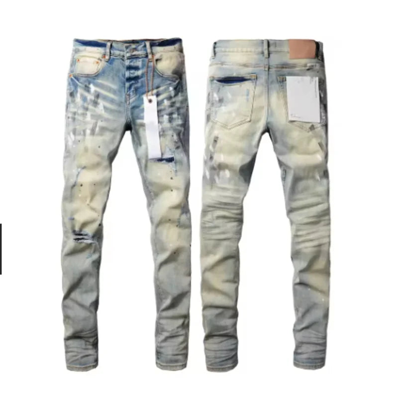 2025 Purples Man jeans brand high street ripped distressed fashion repair low rise skinny