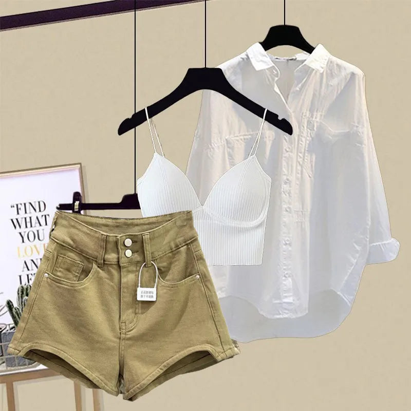 Set Women's 2025 New Design Sense Sunscreen Shirt Fashion Tank Top Slimming Denim Shorts