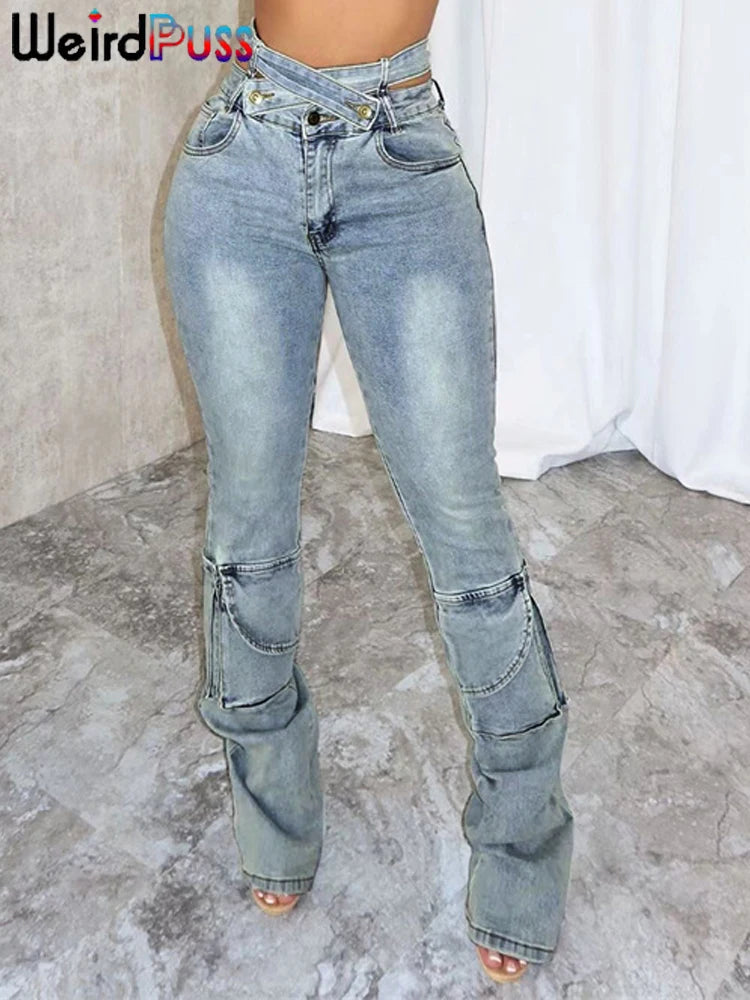 Jeans Women Button Zipper Waist Multiple Pockets Autumn Trend Skinny Stretch Streetwear