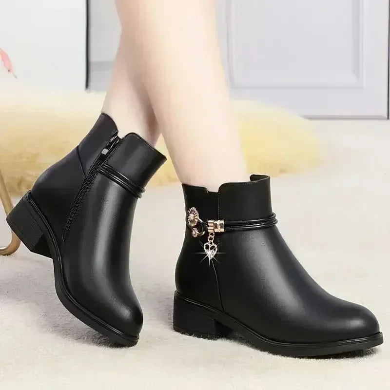 Fashion Black Mid heel Plush Snow Boots Soft Sole Short
